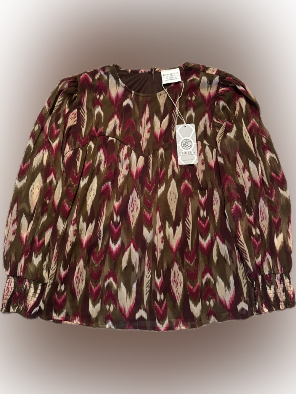 NWT Bohera Olive & Magenta Ikat-Print Long-Sleeve Blouse